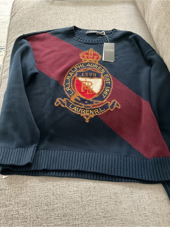 Ralph Lauren Sweaters - Ralph Lauren Navy Crewneck Sweater with Burgundy Diagonal Stripe & Crest